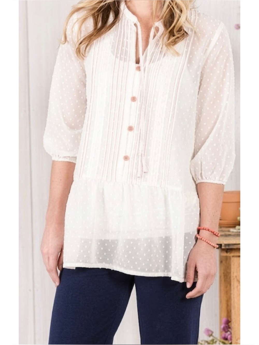 Matilda Jane Light The Way Swiss Dot Balloon Sleeve Peasant Blouse *Flaw*